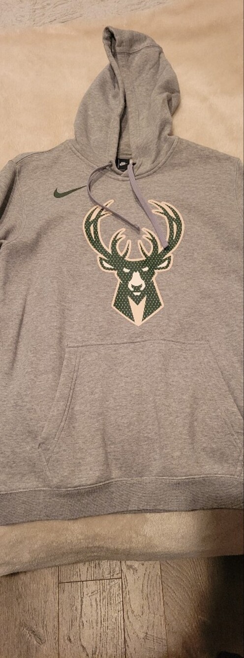 Nike Men’s Gray Hoodie with Green and White Milwaukee Bucks Logo